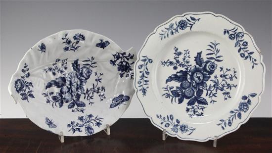 A Worcester blue printed leaf shaped dish and a silver shape plate, c.1775-80, 10in. & 9.25in.
